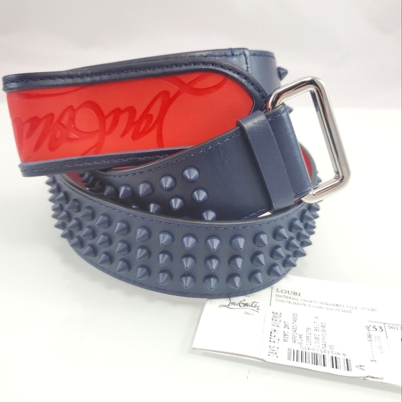 NWT$590 Louboutin Mens Loubi Sneaker Spiked Navy Blue and Red Belt Sz 95cm, 38" - Picture 4 of 10